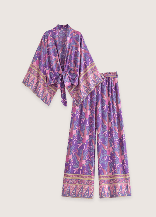 Ensemble kimono court et pantalon violet fleuri | Takazu