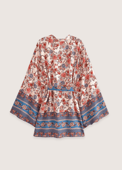 Kimono court bohème abricot et bleu | Kaira