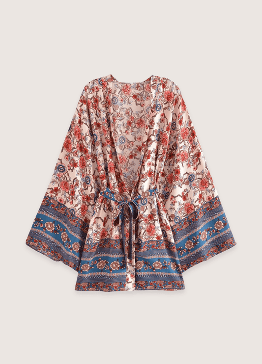 Kimono court bohème abricot et bleu | Kaira