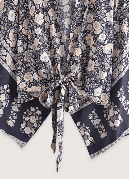 Kimono court bohème gris et rose | Haruto