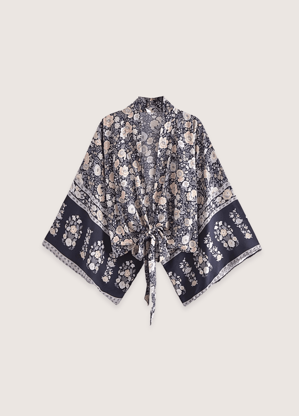 Kimono court bohème gris et rose | Haruto