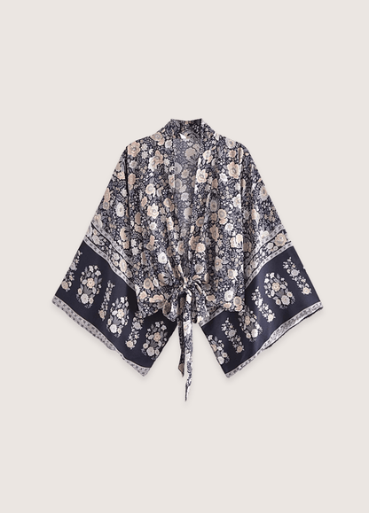 Kimono court bohème gris et rose | Haruto