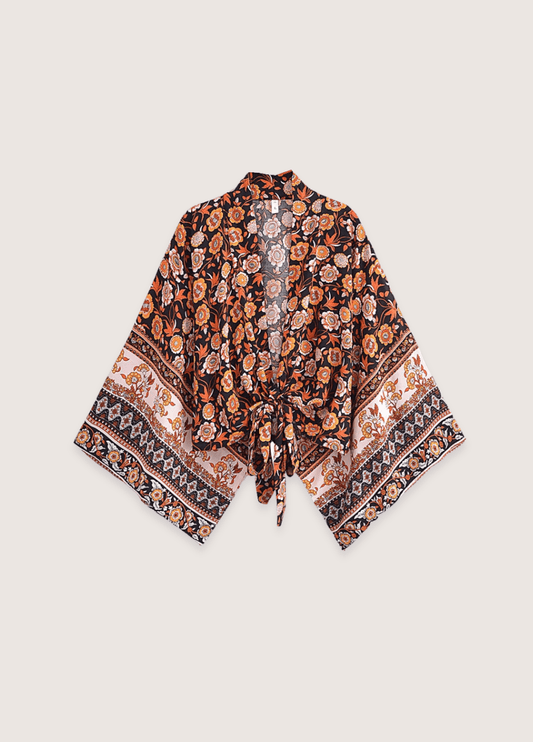 Kimono court bohème orange et noir | Isoro
