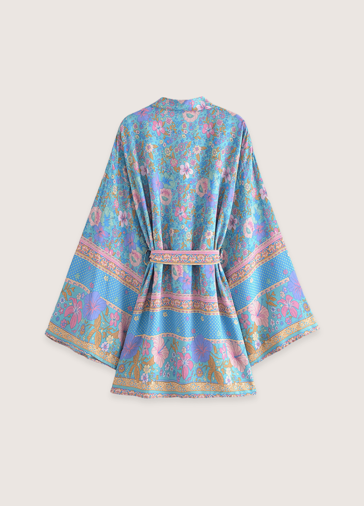 Kimono court fleuri bleu et rose | Noriro