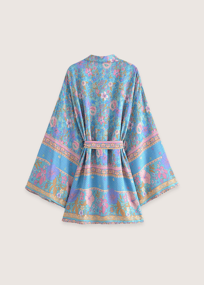 Kimono court fleuri bleu et rose | Noriro