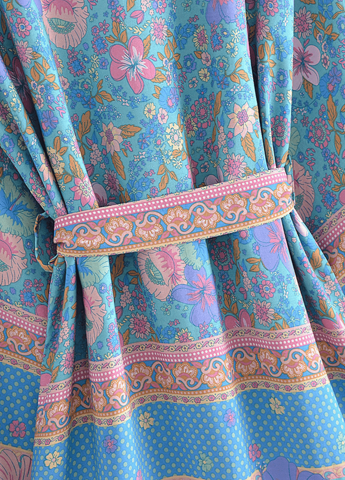 Kimono court fleuri bleu et rose | Noriro
