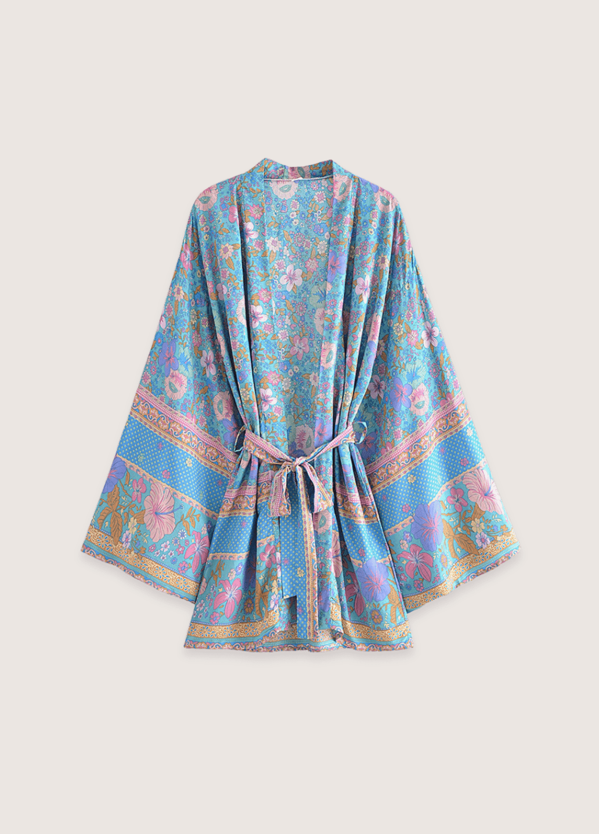 Kimono court fleuri bleu et rose | Noriro