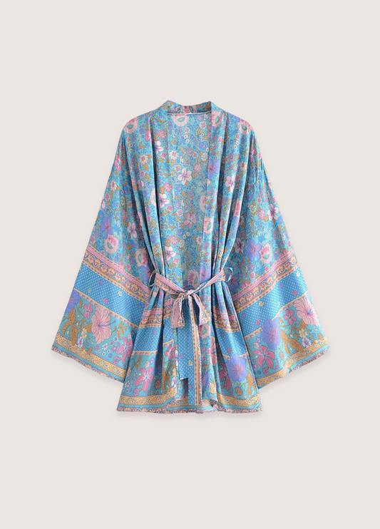 Kimono court fleuri bleu et rose | Noriro