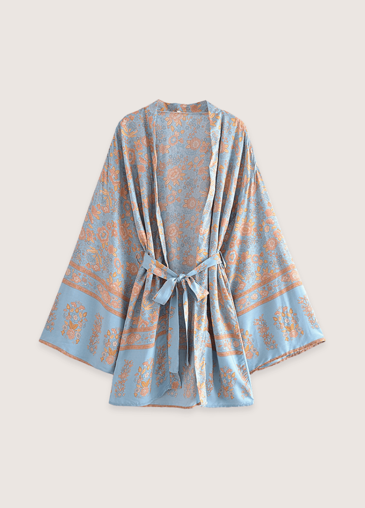 Kimono court fleuri bleu-gris et rosé | Sorashi