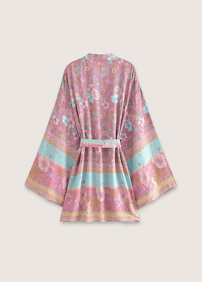 Kimono court fleuri rose et bleu | Hoshina