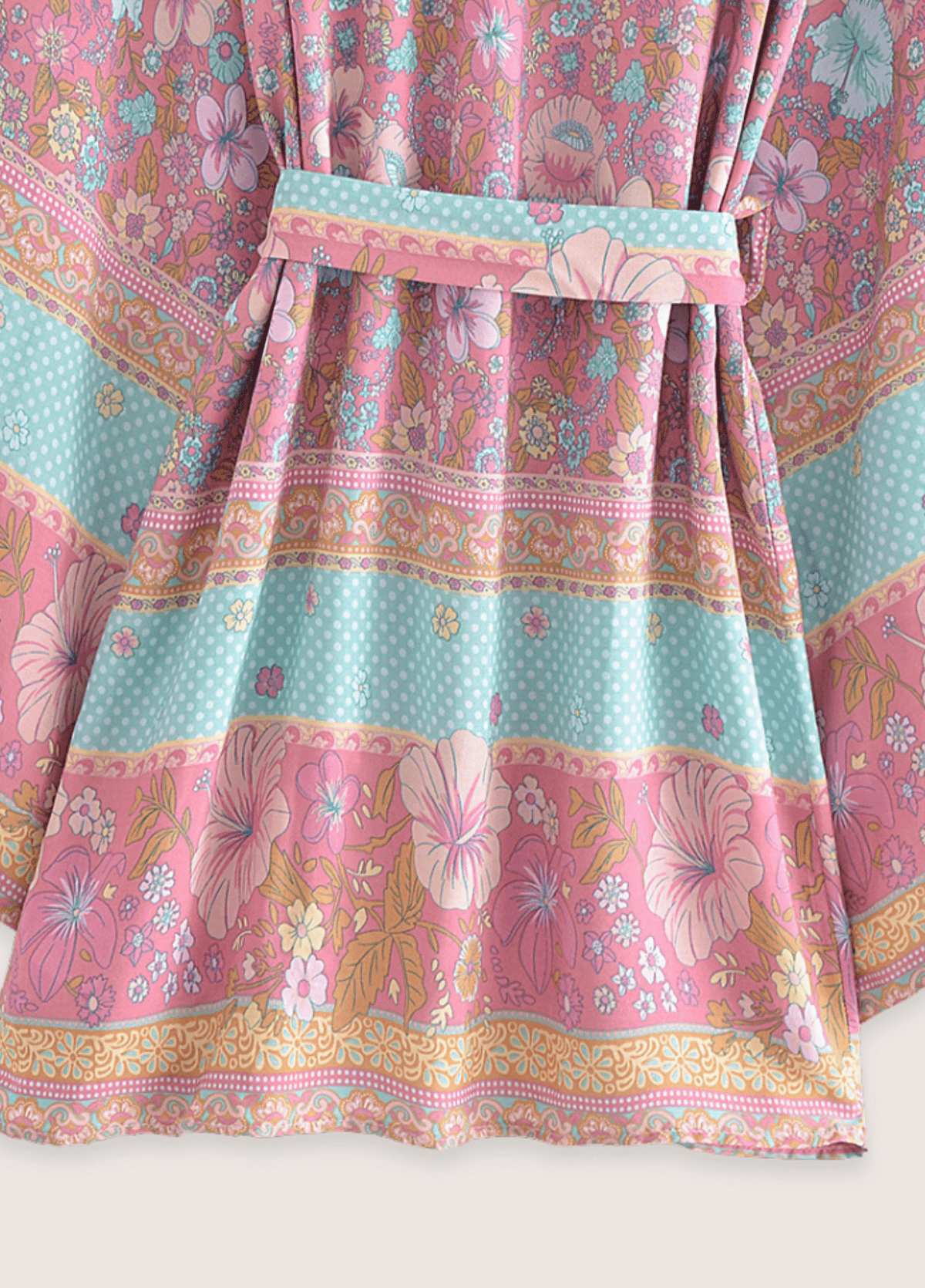 Kimono court fleuri rose et bleu | Hoshina