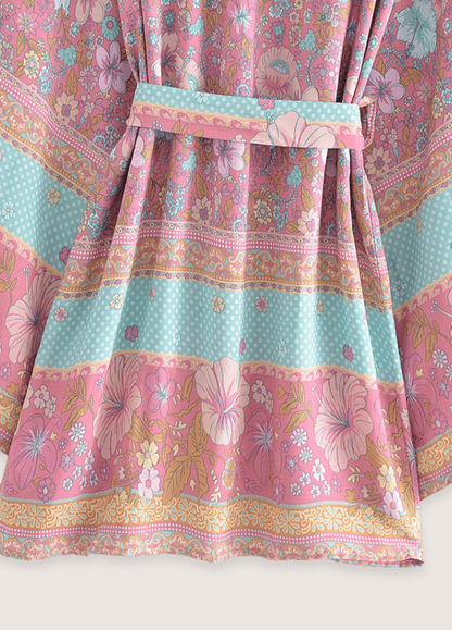 Kimono court fleuri rose et bleu | Hoshina