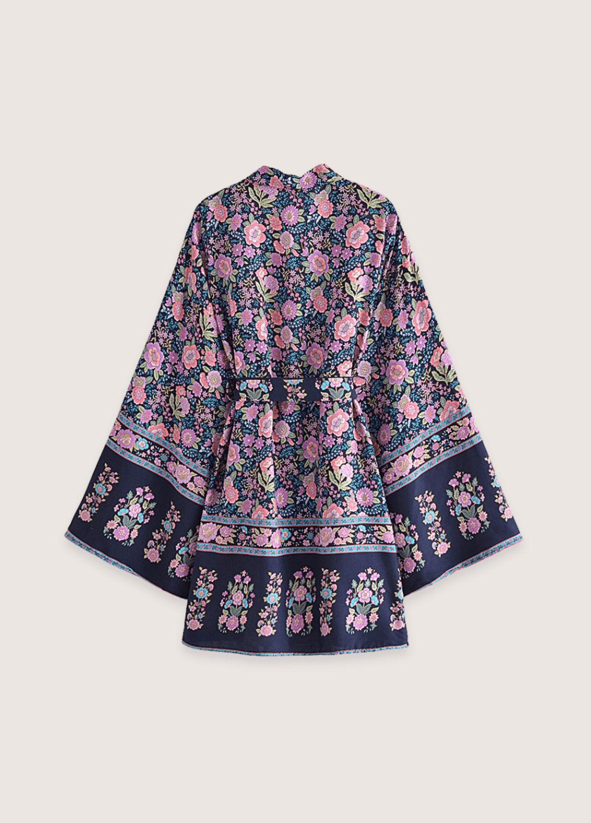 Kimono court fleuri rose et bleu nuit | Hoshito