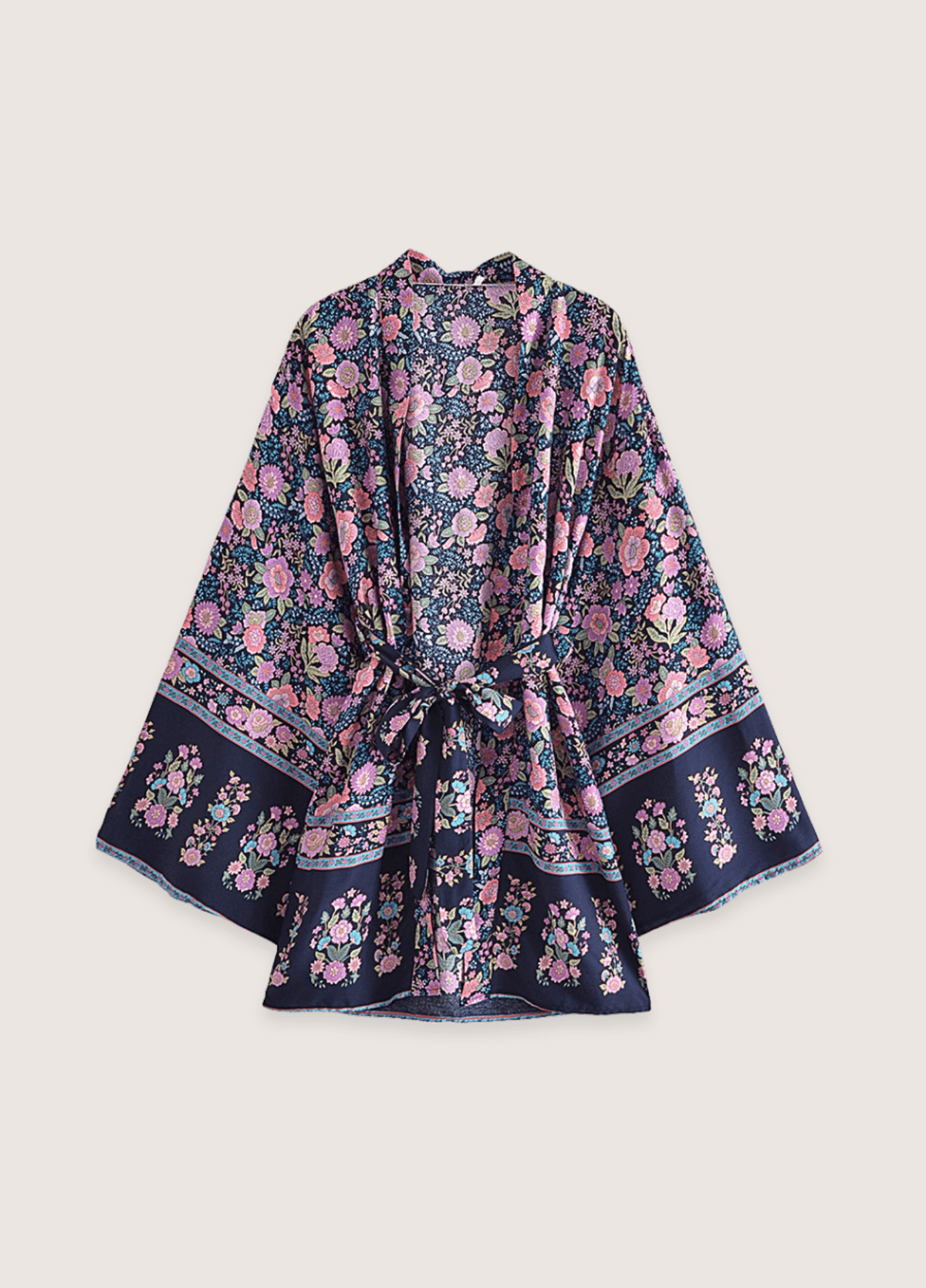 Kimono court fleuri rose et bleu nuit | Hoshito