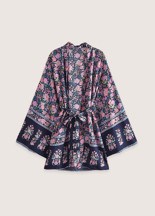 Kimono court fleuri rose et bleu nuit | Hoshito