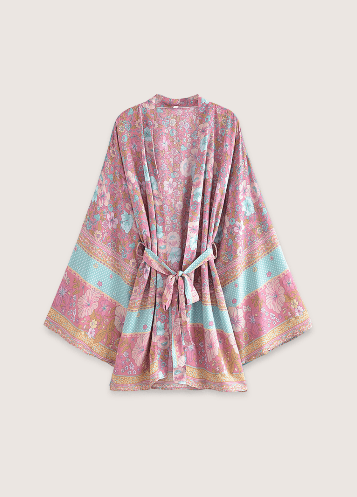 Kimono court fleuri rose et bleu | Hoshina