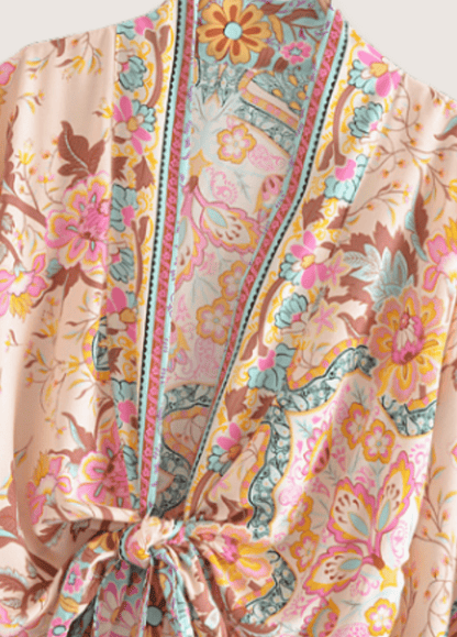 Kimono court fleuri rose pâle | Kumoka