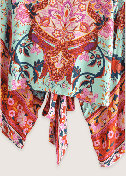 Kimono court fleuri vert grisé | Akiki