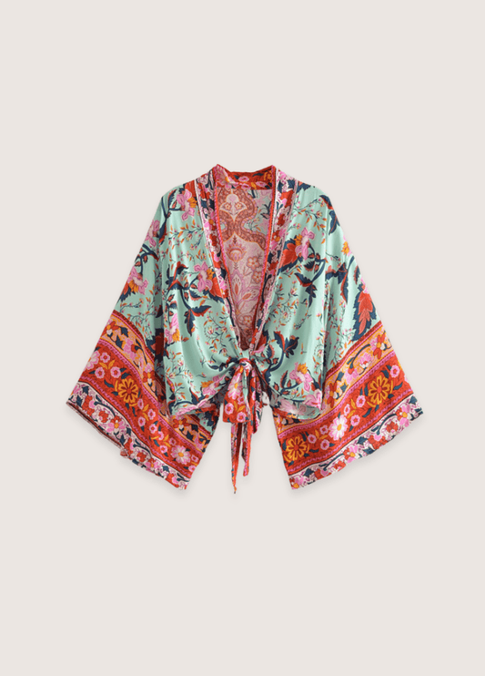 Kimono court fleuri vert grisé | Akiki