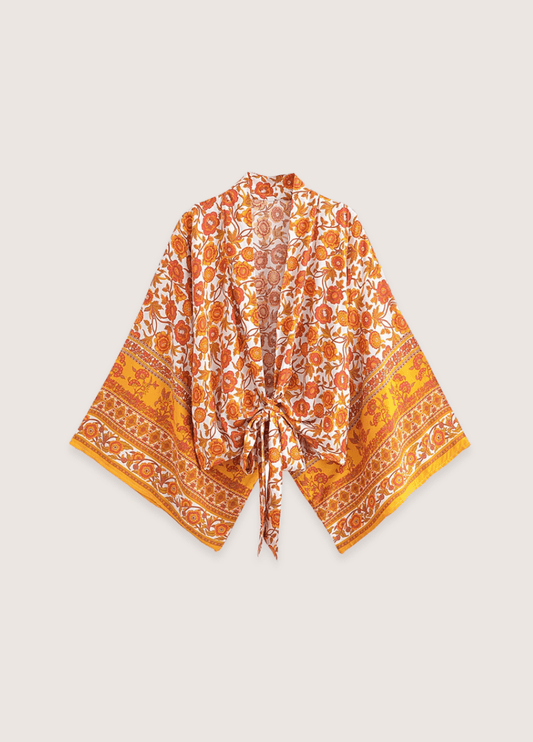 Kimono court jaune fleuri | Rinshi