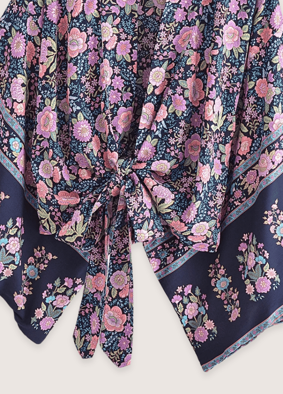 Kimono court plage fleuri rose et bleu nuit | Hanari