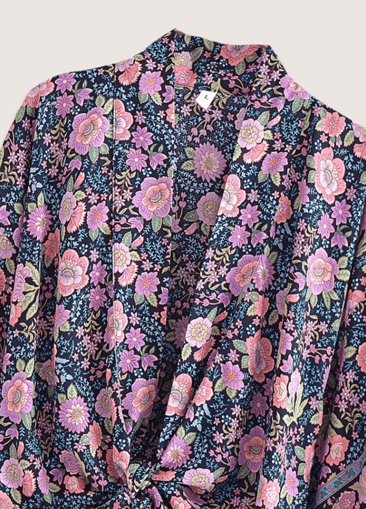 Kimono court plage fleuri rose et bleu nuit | Hanari