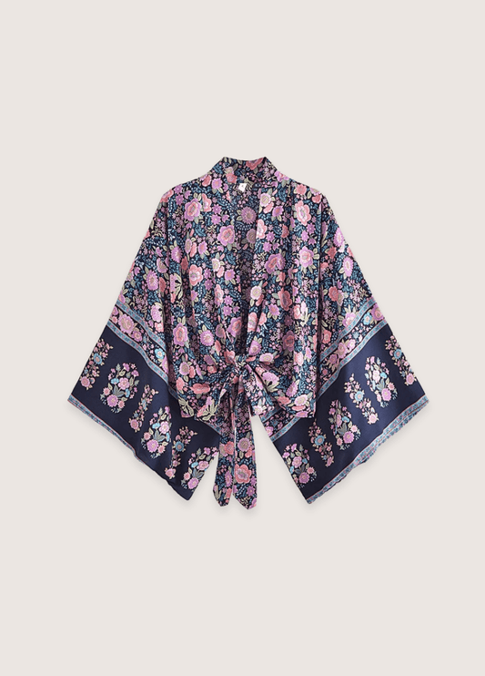 Kimono court plage fleuri rose et bleu nuit | Hanari