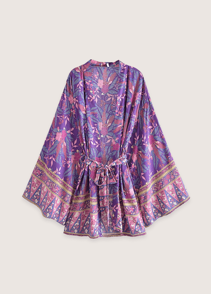 Kimono court plage violet fleuri | Shiromo