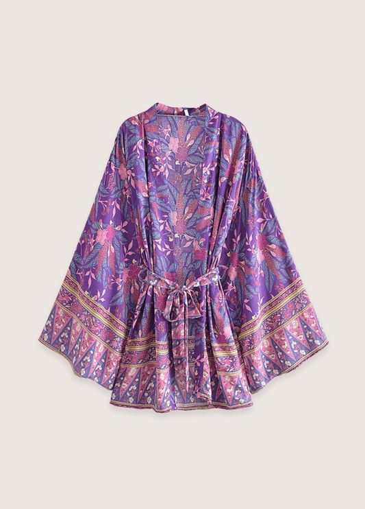 Kimono court plage violet fleuri | Shiromo