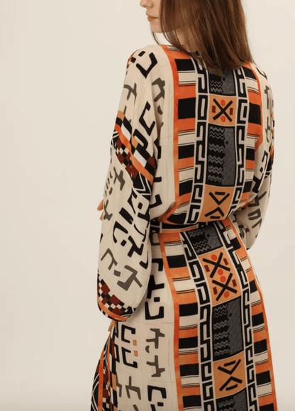 Kimono long beige gris à motif géométrique tribal | Harura