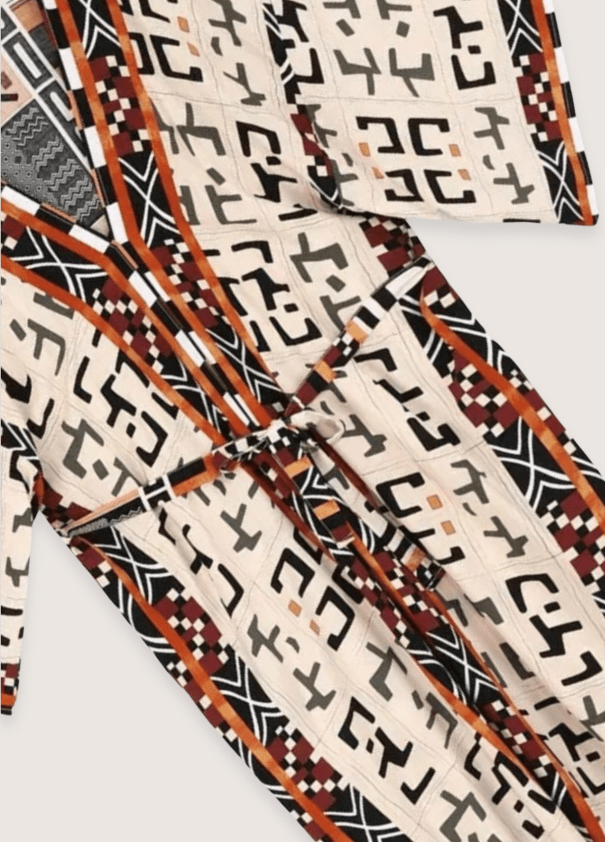 Kimono long beige gris à motif géométrique tribal | Harura