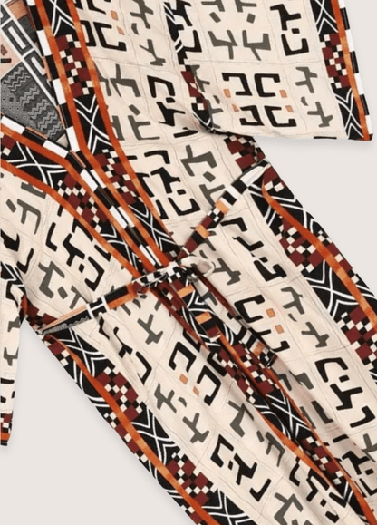 Kimono long beige gris à motif géométrique tribal | Harura