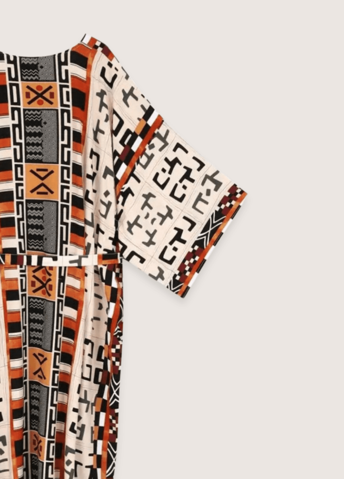Kimono long beige gris à motif géométrique tribal | Harura