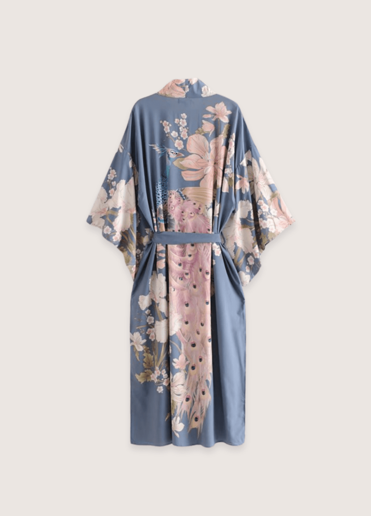 Kimono long bleu pâle à motif fleuri et paon | Hanashi