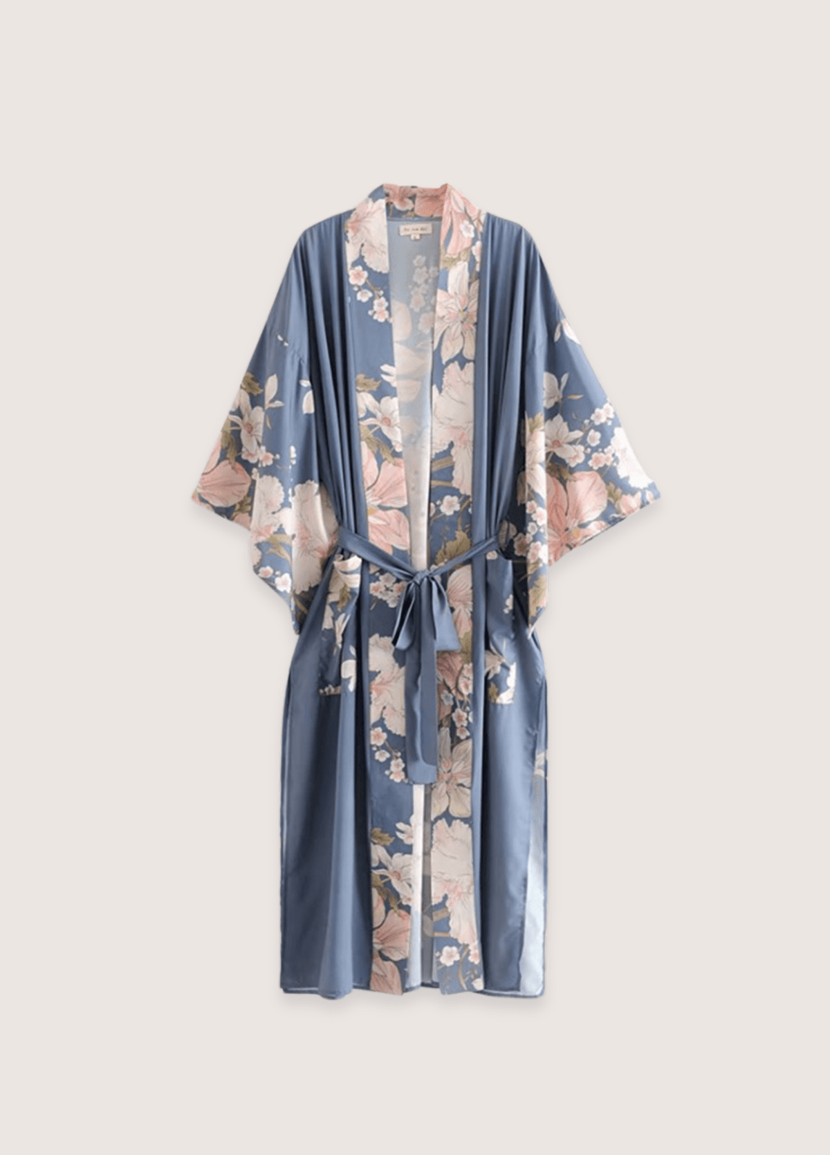 Kimono long bleu pâle à motif fleuri et paon | Hanashi