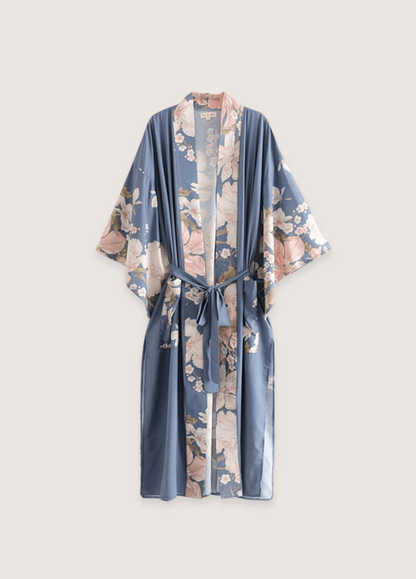 Kimono long bleu pâle à motif fleuri et paon | Hanashi