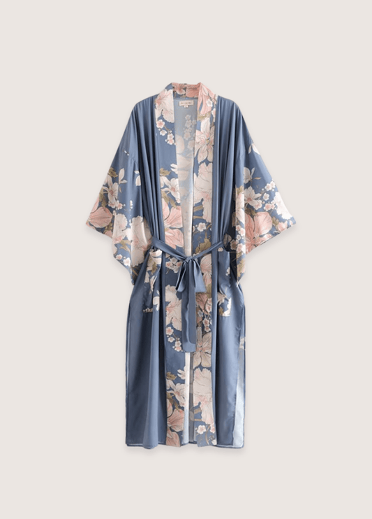Kimono long bleu pâle à motif fleuri et paon | Hanashi