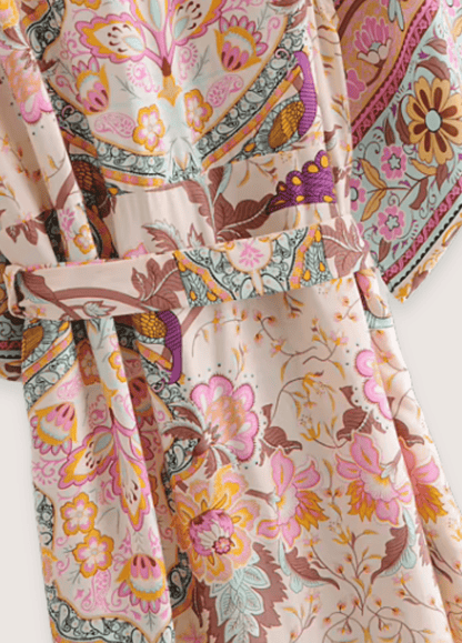 Kimono long fleuri rose pâle | Takami