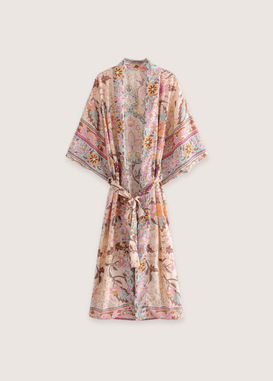 Kimono long fleuri rose pâle | Takami