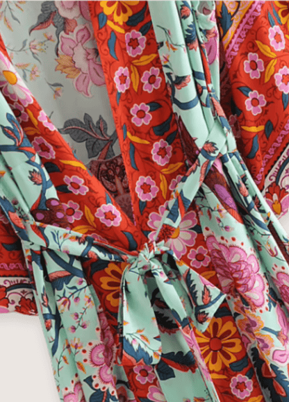 Kimono long fleuri vert grisé | Naomi