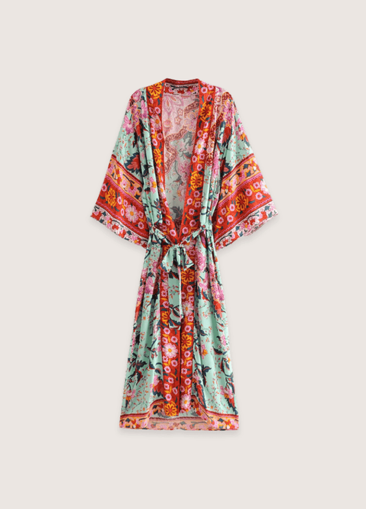 Kimono long fleuri vert grisé | Naomi