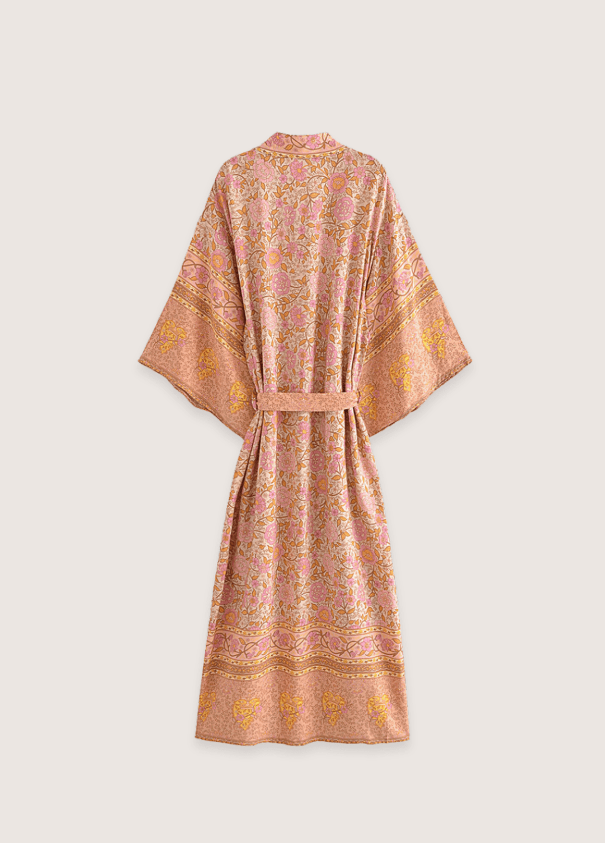 Kimono long rose saumon à motif fleuri | Mizumi