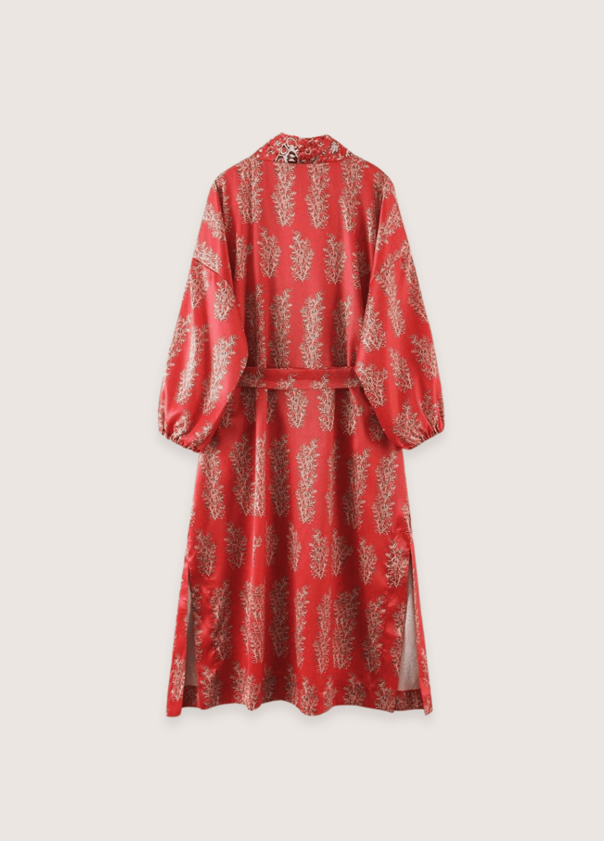 Kimono long rouge à motif fleuri | Haruko