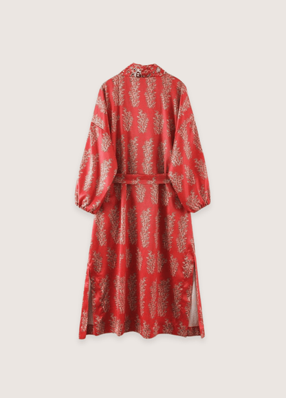 Kimono long rouge à motif fleuri | Haruko
