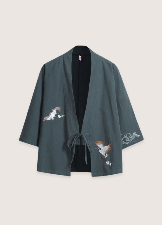 Veste kimono bleu gris en lin | Hoshira